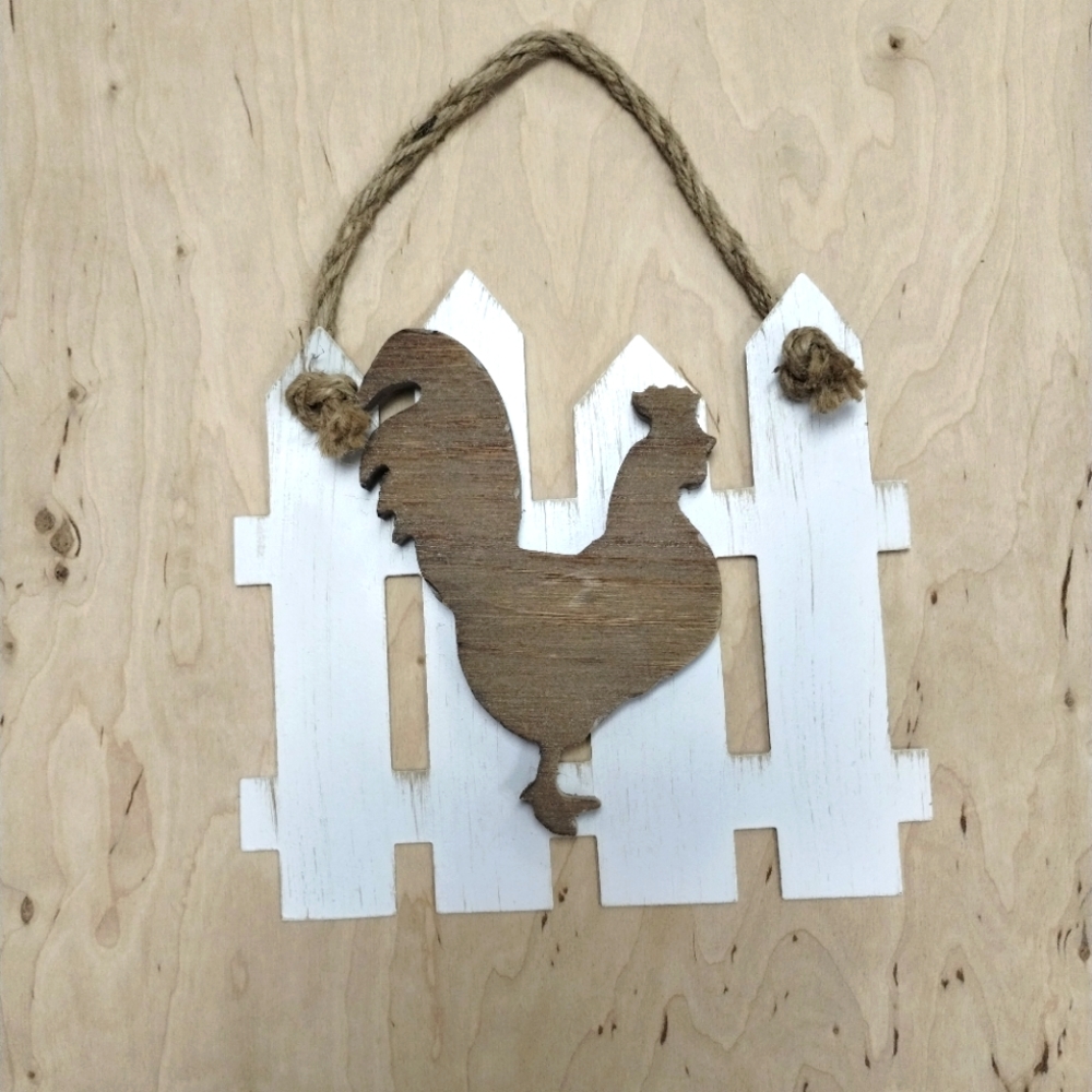 Wood Rooster and White Fence Wall Art